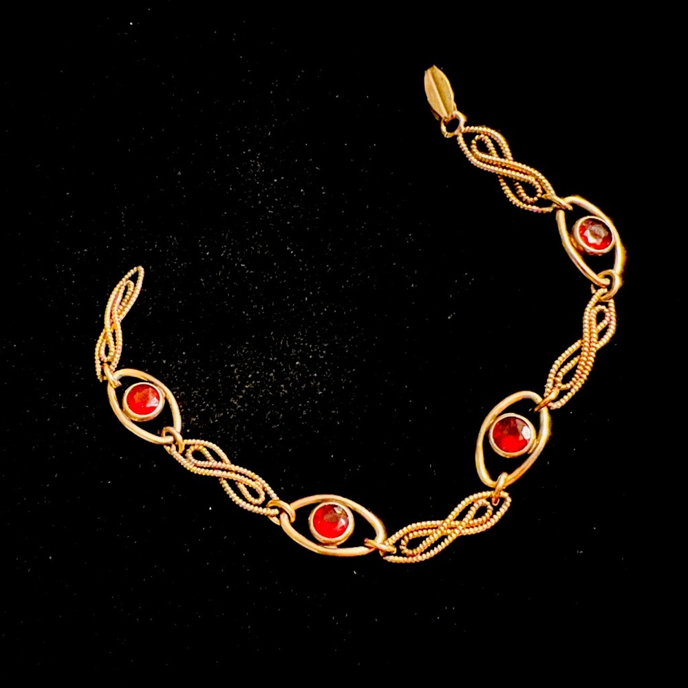 Art Deco Sturdy 12kt Gold Filled Faux Ruby Ornate Scroll Twist Link Bracelet